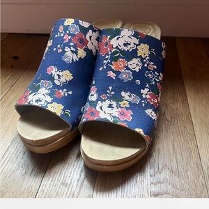 Blue no. 6 floral wooden clogs, 3.3" wedge, open-toe, handmade, new w/o box.
